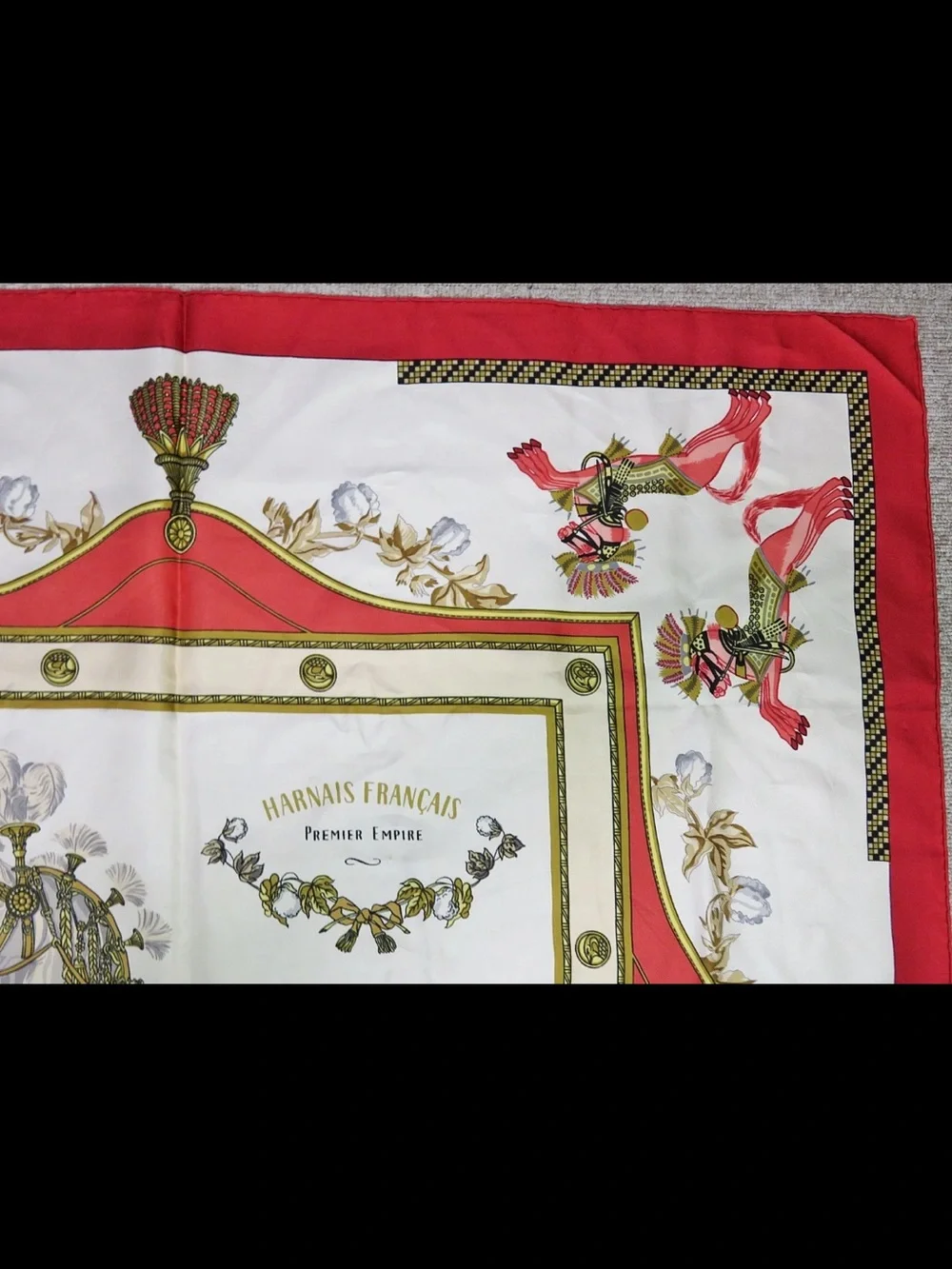 Hermes White Red and Gold Horse Harness Silk Scarf